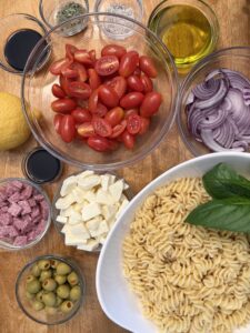 ingredients for caprese pasta salad