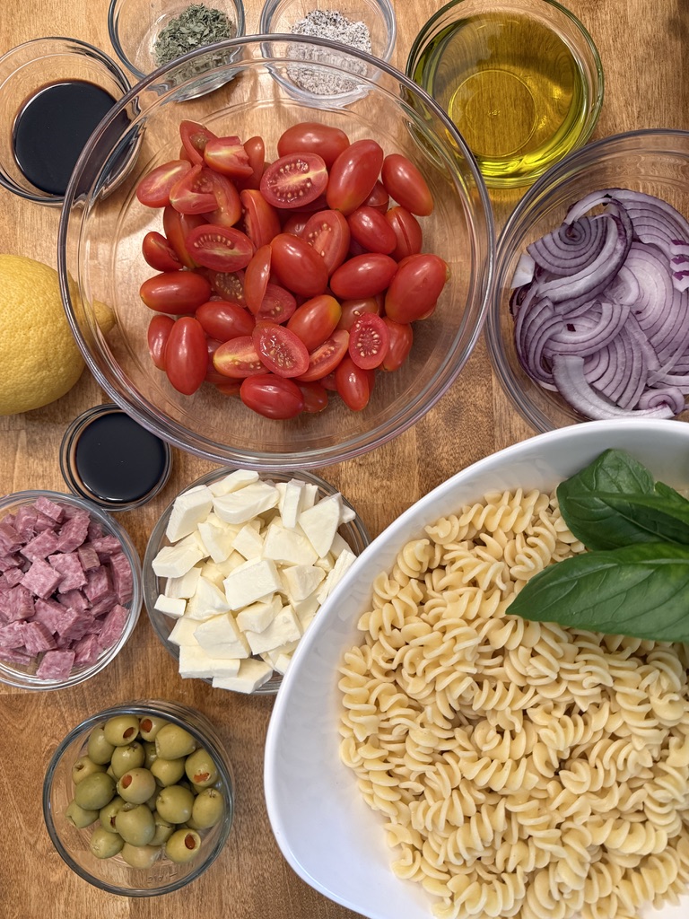 ingredients for caprese pasta salad