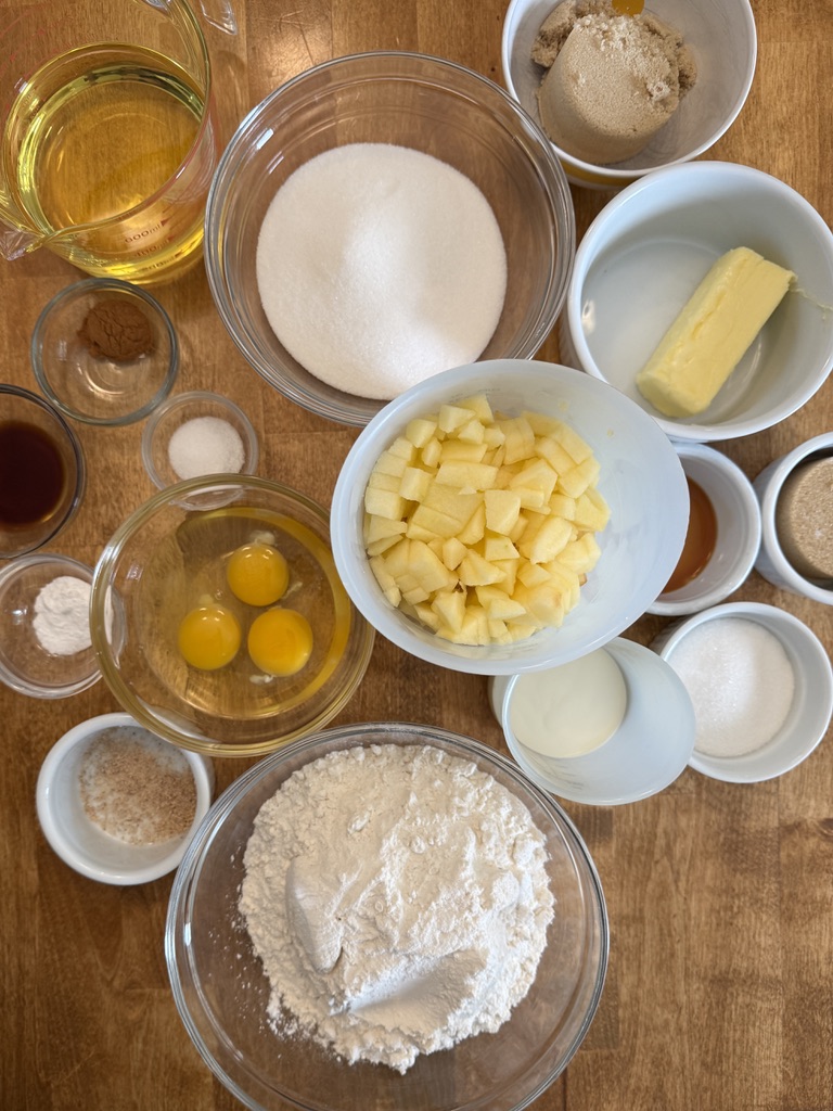 ingredients for the caramel apple cake prepped and measured