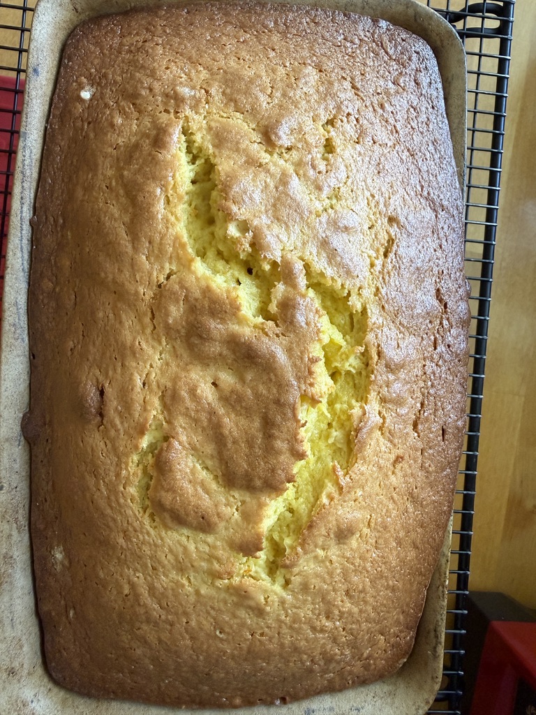 orange blender loaf cake cooling in pan